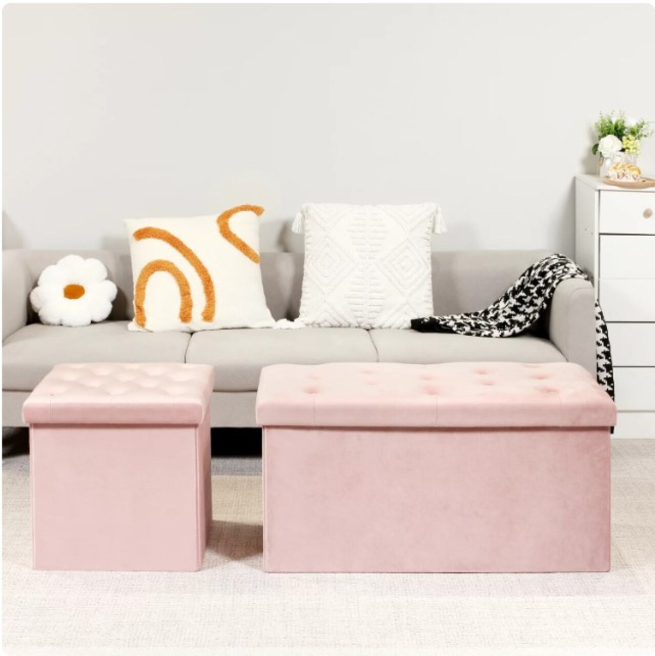 30" & 15" Collapsible Ottoman Bench,Velvet Pink Storage, Girls Toy Chest, Foot Stool Rest Seat, Pack of 2